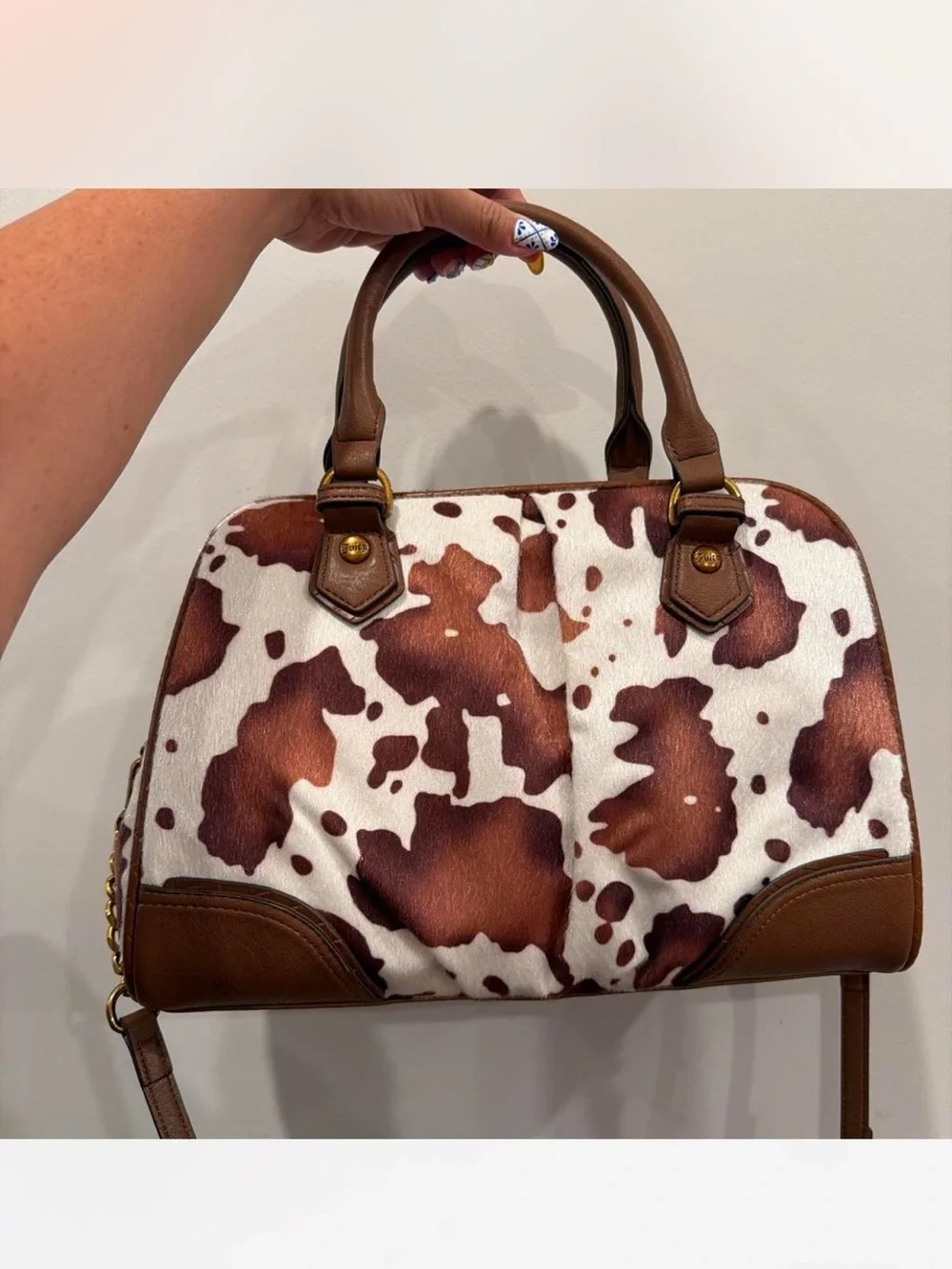 🎀Juicy Couture~Brown & White Cowprint Satchel with Pink Bow Charm
